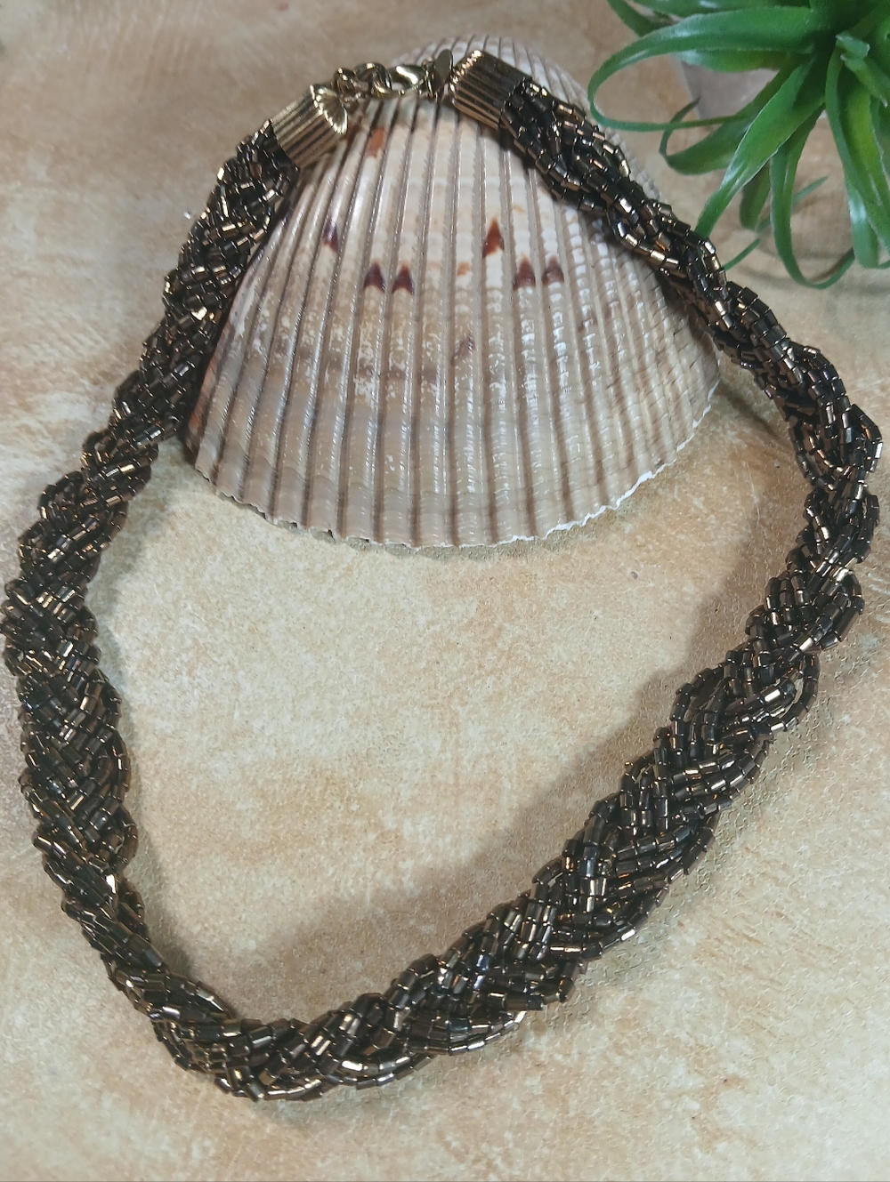 N4160 Braided Brown Seedbeaded Multi Strand Necklace